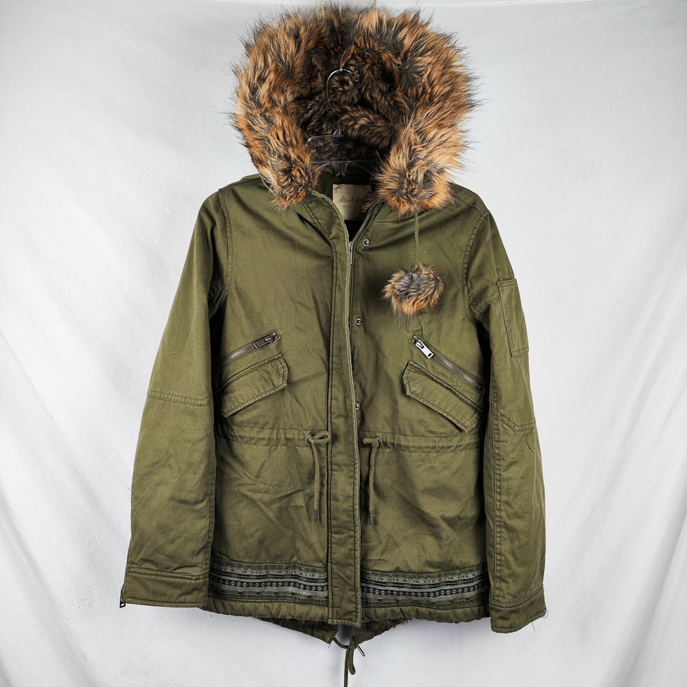 Altar'd State Coat Womens Medium Green Faux Fur Hooded Canvas Parka Zip Pockets